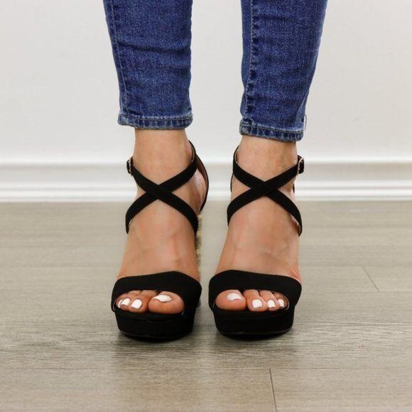 Espadrille Heel Black Open Toe Platform Sandals - Picture 5 of 8